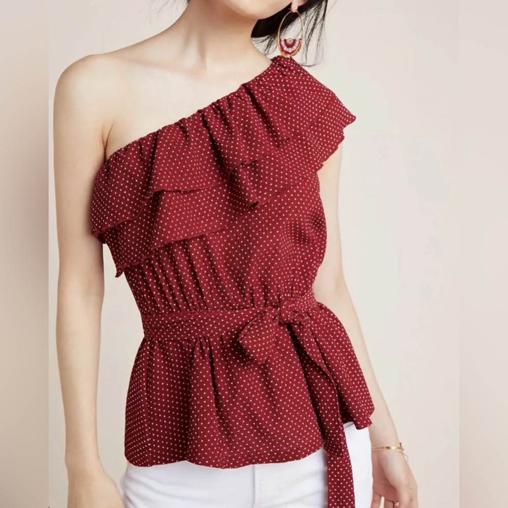 Maeve by Anthropologie Rita Polka Dot One Shoulder Ruffle Top XS